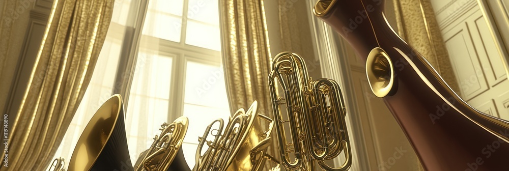 Poster a collection of brass instruments displayed in a sunlit room with elegant curtains.