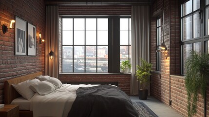 Obraz premium Modern Loft Bedroom with City View
