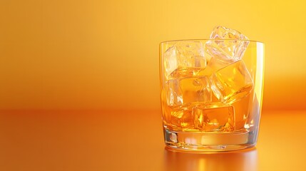 A glass of vibrant orange juice with ice cubes, against a warm gradient orange to yellow background