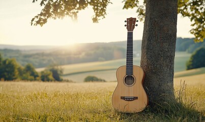 Acoustic guitar leaning against tree in idyllic field at sunset.