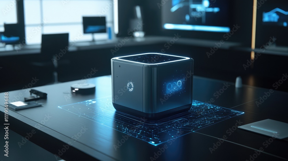 Poster futuristic technology device on table in modern office setting
