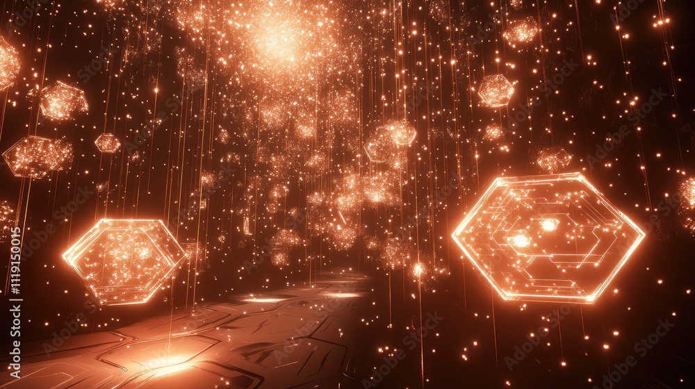 Poster futuristic hexagonal shapes with glowing particles in dark space