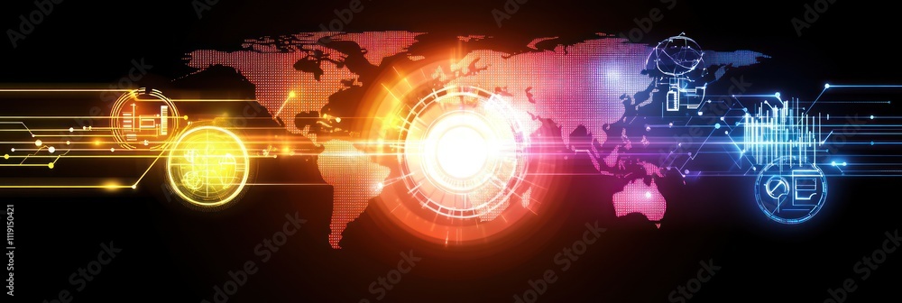 Poster abstract digital world map with icons representing technology and connectivity.