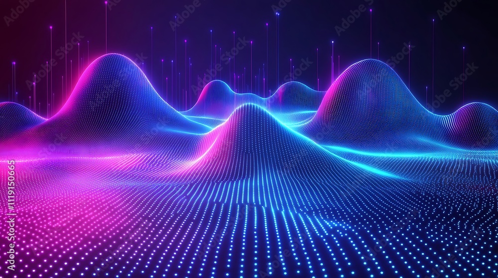 Poster abstract neon landscape with glowing hills and data points.