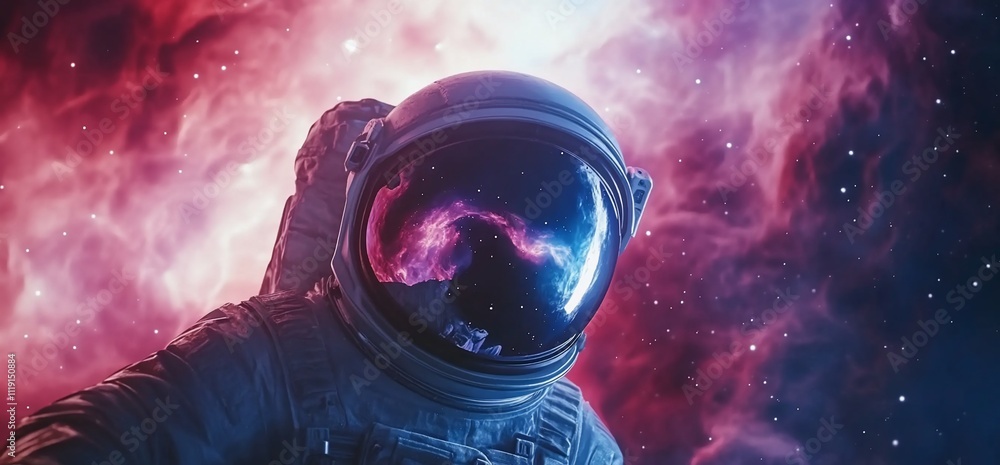 Poster astronaut in a colorful cosmic setting, exploring the universe.