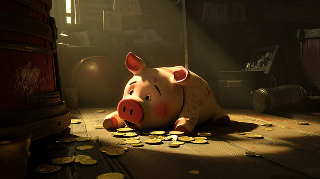 Broken piggy bank with coins scattered around, symbolizing financial struggle and the need for careful budgeting and saving.
