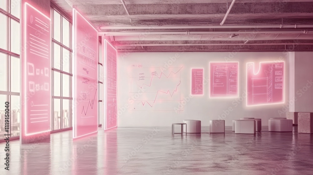 Poster a modern workspace with glowing data visualizations on the walls.