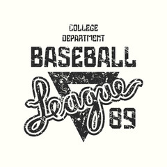 College baseball league emblem. Graphic design with rough texture for t-shirt. Black print on white background