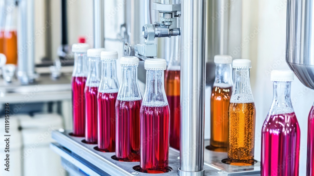Poster bottles filled with colorful liquids on a production line in a laboratory setting.