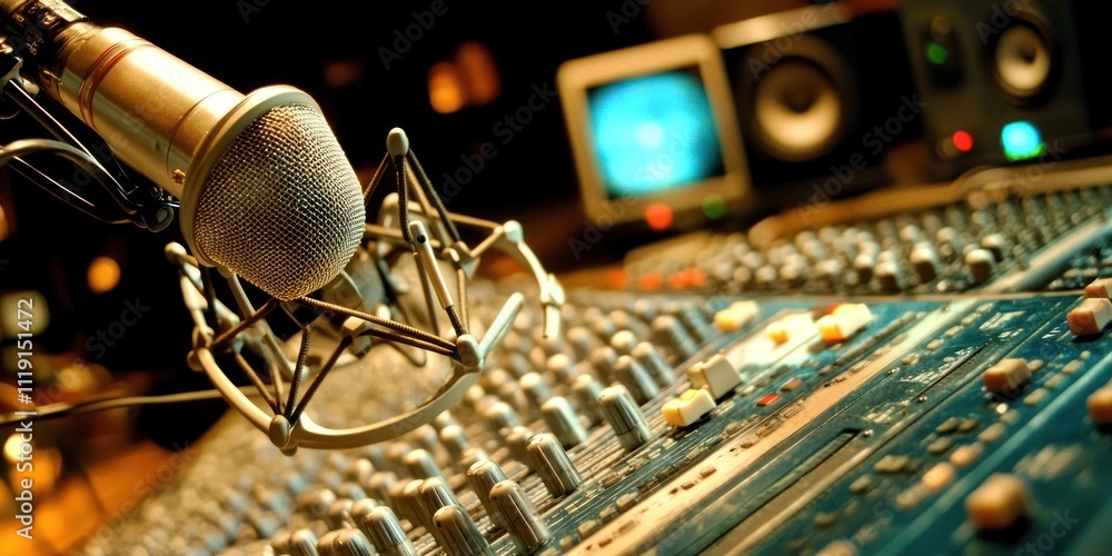 Poster a close-up of a microphone and audio mixing console in a recording studio.