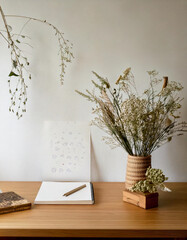 Scandinavian Minimalist Workspace with Pencil and Flora Sketch