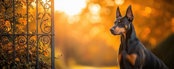 A majestic Doberman stands by a decorative gate, bathed in golden sunlight, embodying elegance and loyalty in a serene outdoor setting.