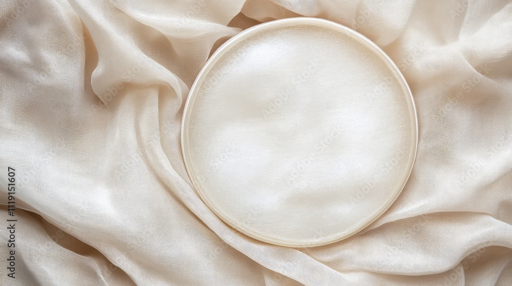 Poster soft beige fabric with an empty circular frame on elegant backdrop