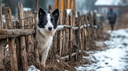 A curious dog peers through a rustic wooden fence in a snowy landscape, capturing the essence of rural life.