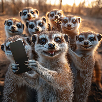A group of meercats taking a selfie with a smartphone.