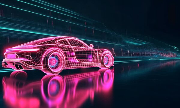 Voiture de sport en trac&eacute; n&eacute;on rose sur route sombre avec reflet lumineux, perspective futuriste de v&eacute;hicule &eacute;lectrique, ligne digitale, vitesse, mobilit&eacute;, innovation automobile et technologie