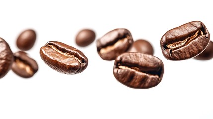 Coffee beans flying isolated on white background