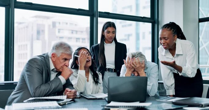 Office, disappointed and business people on laptop in meeting for bad news, finance crisis and fintech. Corporate, professional and workers on computer for review, stock market and trading fail