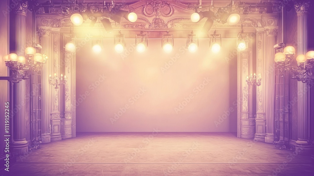 Poster a beautifully lit empty stage with ornate columns and soft lighting, ready for a performance.