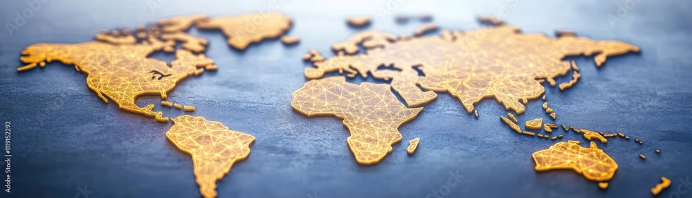 Poster a stylized world map illuminated with a network-like design on a dark background.
