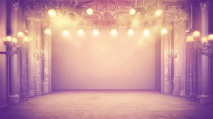 A beautifully lit empty stage with ornate columns and soft lighting, ready for a performance.