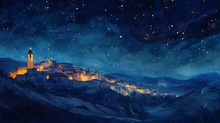 Vibrant watercolor illustration of Bethlehem under a night sky 