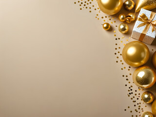 Christmas or luxury greeting card background with golden decorations. empty space for text and design. 300dpi. 