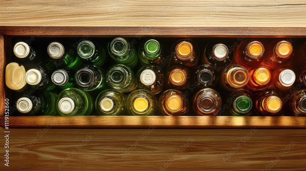 Poster assorted bottles of beverages displayed in wooden shelf design