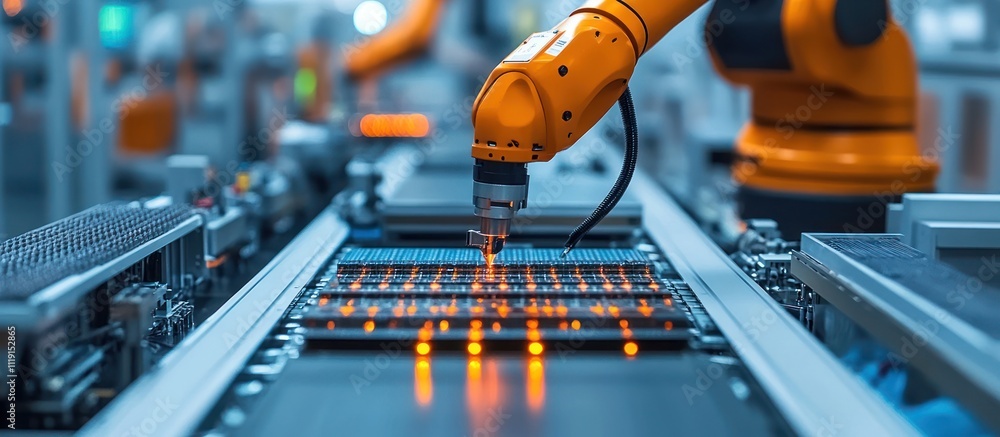 Poster a robotic arm working on a production line, placing components on a circuit board.