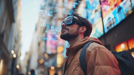 Man wearing AR glasses viewing data in city.