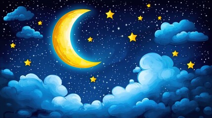 Golden crescent moon, stars, and fluffy clouds in a dark night sky.