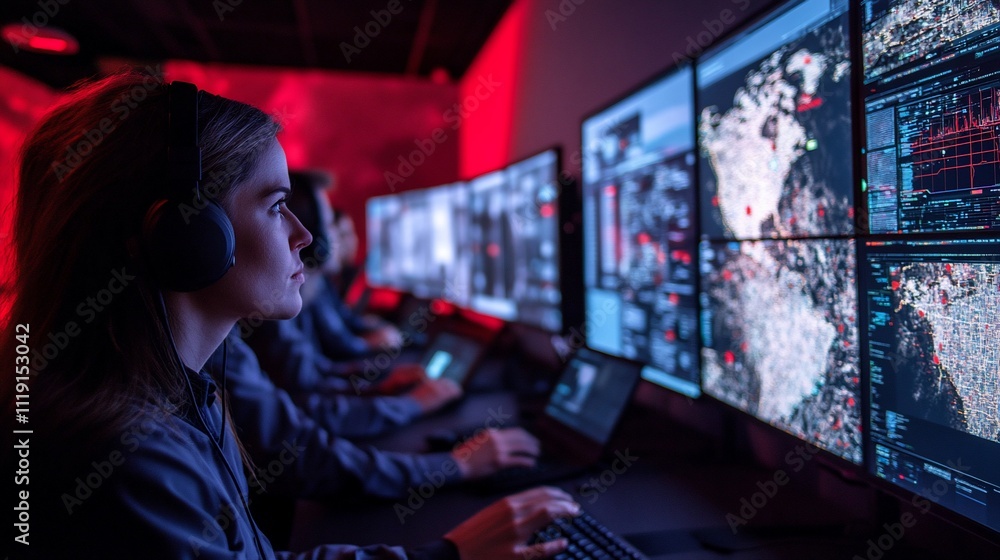 Aufkleber focused female cybersecurity analyst monitoring global network activity on multiple screens in a dar