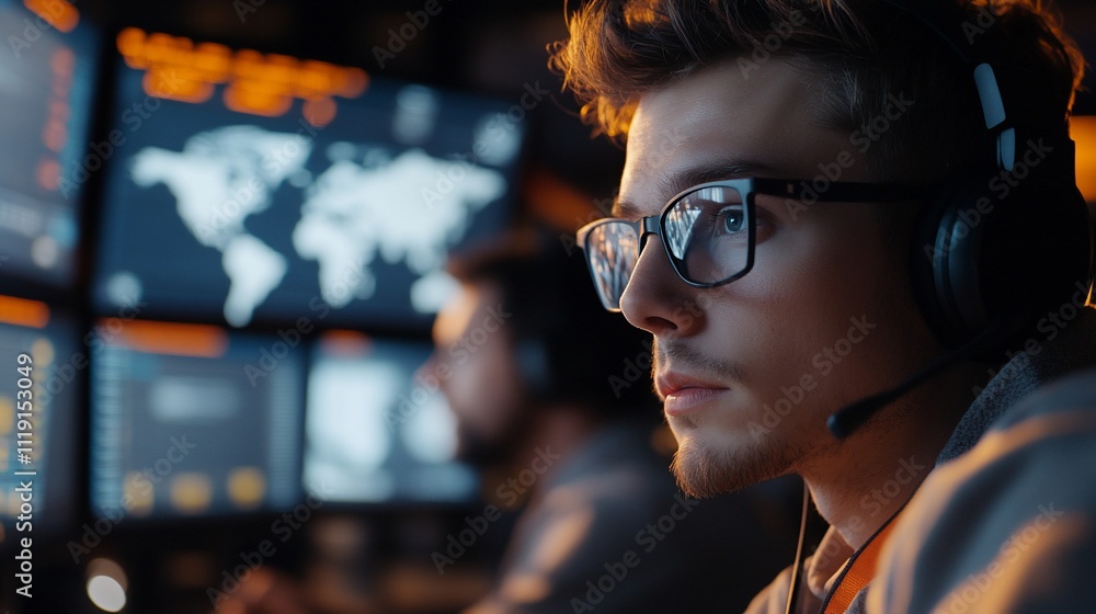 Poster focused young man with glasses and headset monitoring data on multiple screens.