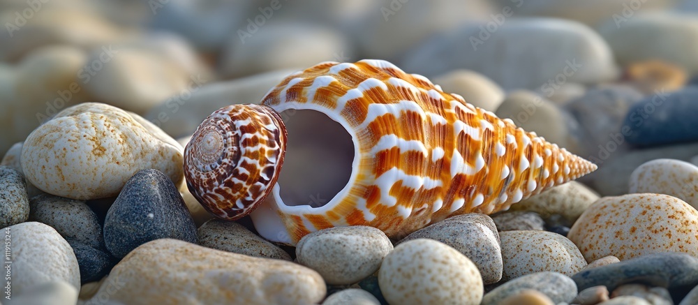 Poster a close-up of a seashell on a bed of smooth pebbles.