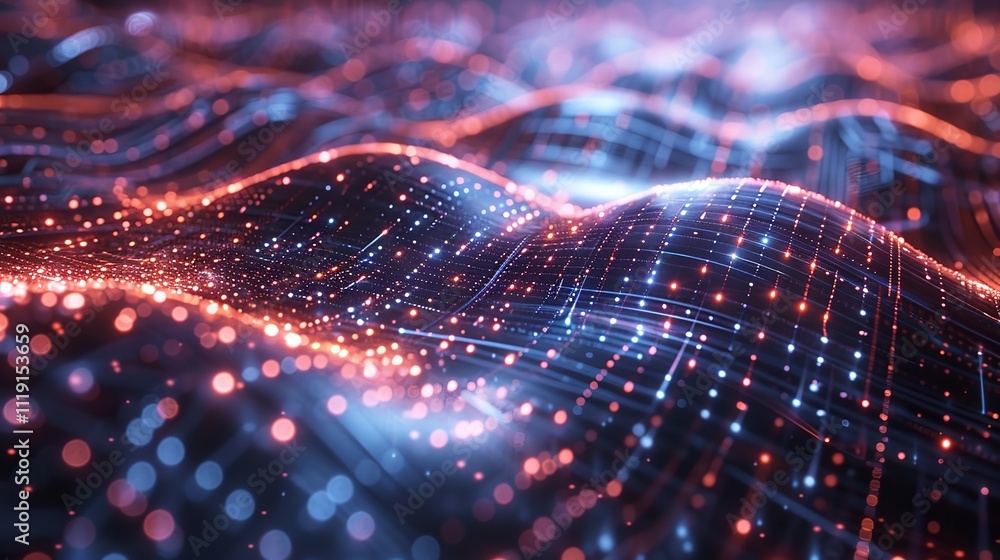 Poster big data concept blockchain 3d illustration information waves and the global database neural network
