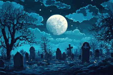 Eerie graveyard under a full moon, bare trees and tombstones. Perfect for Halloween, mystery, or gothic themes.