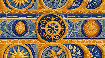 Obraz premium Decorative tiles showcasing Mediterranean themes like the sun, waves, and olive branches in bright yellow and cobalt blue