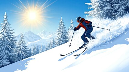 A skier gracefully descends a snowy slope under a bright sun, surrounded by pine trees.