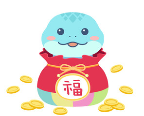 2025 illustration with a blue snake in a lucky bag