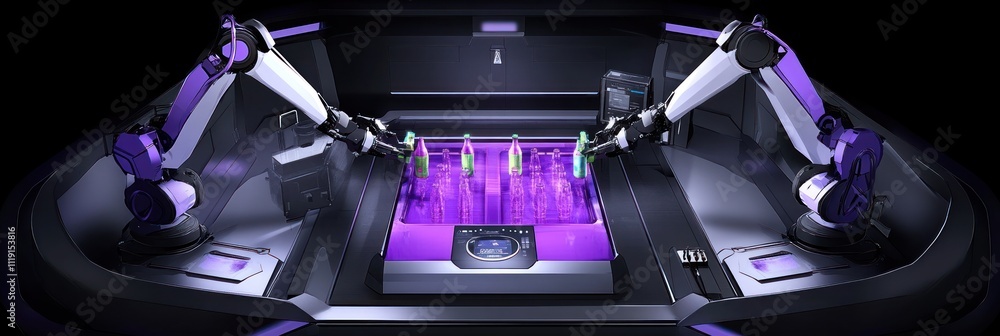 Poster robotic arms interact with colorful liquids in a futuristic control setup.