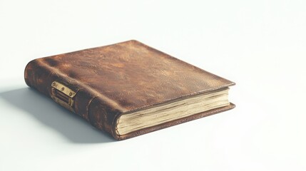 Obraz premium Vintage leather journal with brass clasp on white background studio quality with rich texture and soft natural shadows