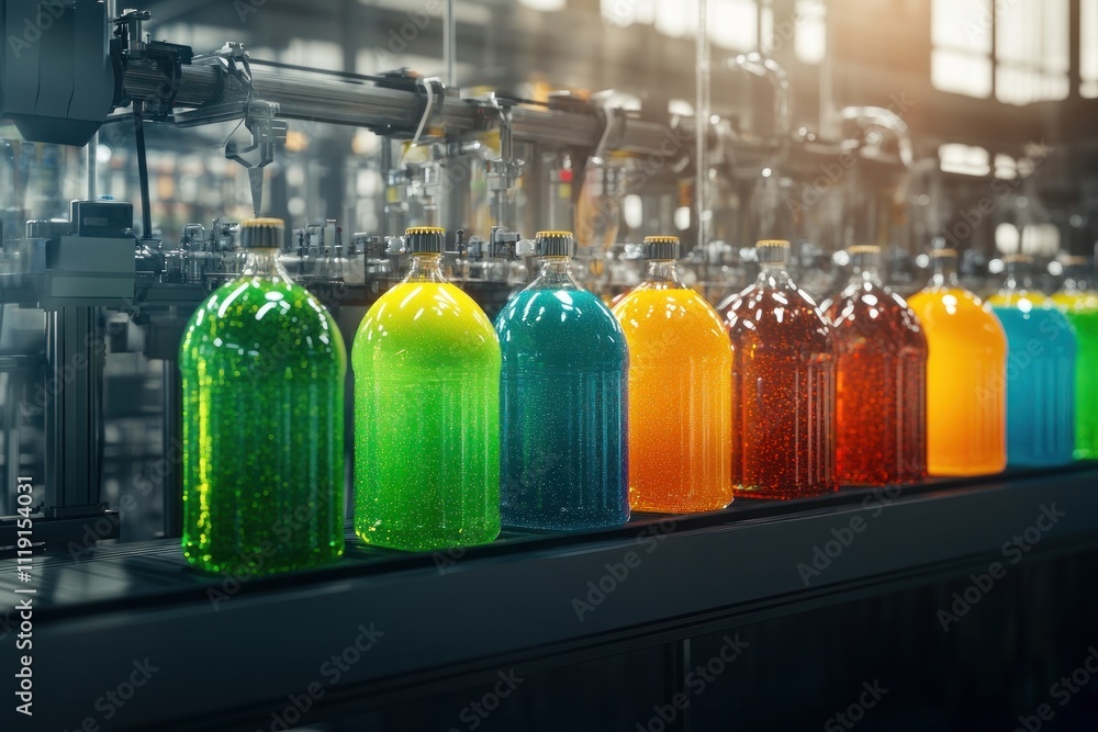 Poster colorful bottles filled with liquid on a production line in a factory setting.