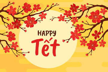 Happy Tet. Branch with red sakura flowers on a yellow background. Card or banner for Lunar New Year, Vietnamese New Year, Chinese New Year. Spring apricot, cherry or apple flowers.