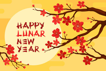 Happy Lunar New Year. Branch with red sakura flowers on a yellow background. Card or banner for Chinese New Year, Tet. Spring apricot, cherry or apple flowers.
