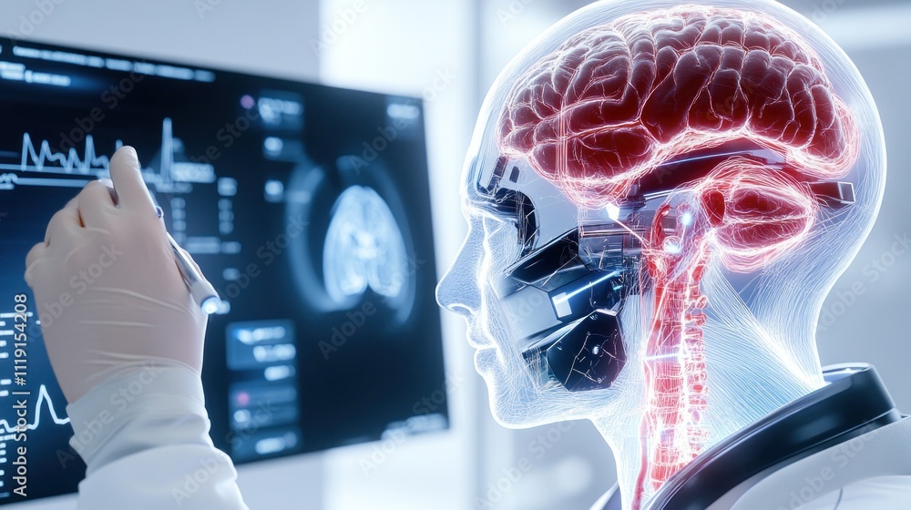 Poster futuristic depiction of a human head with a visible brain and data display.