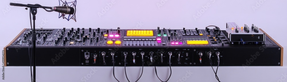 Poster a digital audio mixer with controls for sound manipulation and recording.