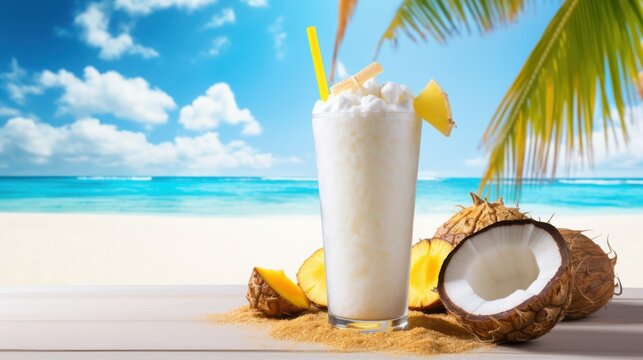 Sipping pina colada refreshing tropical drink with coconut and pineapple on serene beach