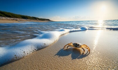 Obraz premium Crab on sunny beach at low tide.