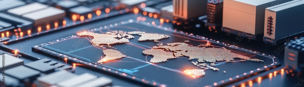 Poster a digital map of the world on a circuit board, symbolizing technology and connectivity.