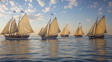 Naklejka premium Traditional Sailing Vessels with White Sails Gliding on Water